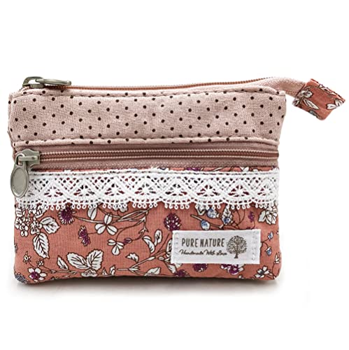 Women Small Zipper Coin Purse, Handmade Fabric Flower Embroidered Change Pouch, Cotton Double Zipper Wallet