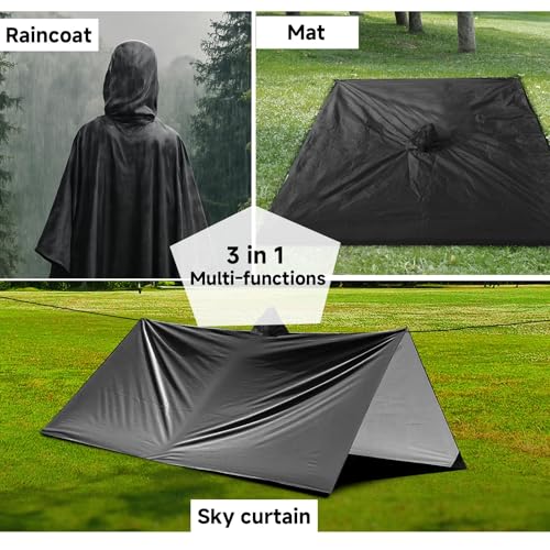 Arvoni Regenponcho Damen Herren mit Aufbewahrungstasche, 3 in1 Leichter Regenschutz Regencape, Wiederverwendbarer Regenponcho, Rain Poncho für Camping, Wandern, Radfahren, Angeln, Reisen(Schwarz)