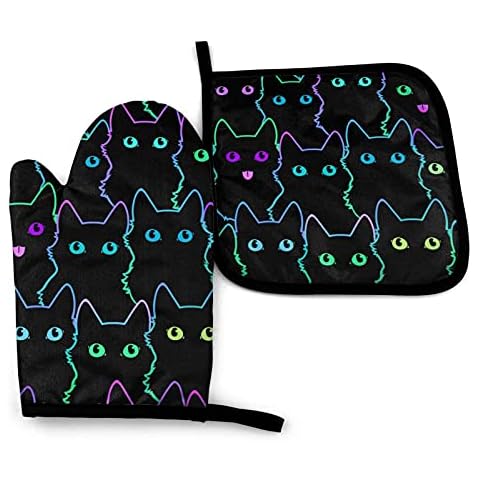 Perinsto Cute Cats Oven Mitts & Pot Holders Kitchen Set Heat Resistant Funny Animal Silhouettes Decorative Cooking Gloves Microwave Oven Gloves for Baking Grilling BBQ Cover