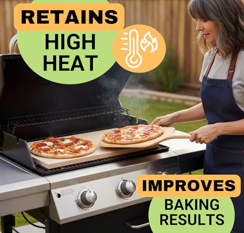 Image of Large Pizza Stone for Oven and Grill 20 Inch - Cordierite Pizza Stones with Wooden Pizza Peel, Dough Tool & Pizza Cutter Set - Makes Crispy Homemade Pizza & Bread - 20 inch x 13.5 inch Baking Stone