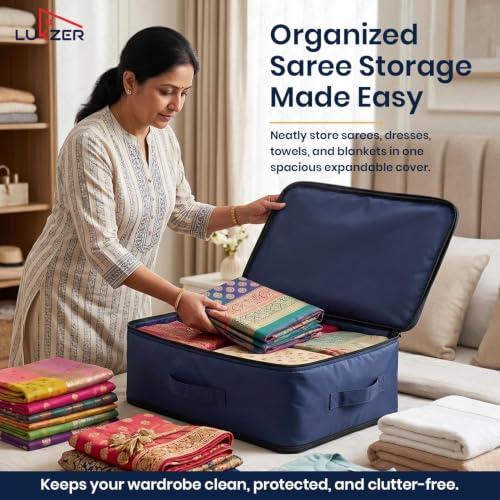Image of Lukzer 6PC Expandable Self Compression Storage Bag for Clothes, Sarees, Blankets, Comforters & Bedding | 2 Layer Large Capacity Space Saving Wardrobe Storage Organizer | No Vacuum Needed (Nylon /Blue)