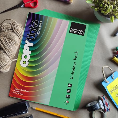 Image of BRUSTRO Copytinta Coloured Craft Paper A4 Size 80 GSM Bright Green Shade (Verde), 60 Sheets Pack | Double Side Colored, Ideal for Origami, Scrapbooking, Making Card, DIY Art & Craft.