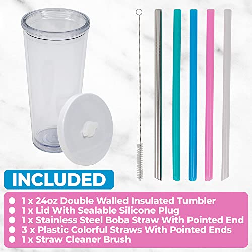 Planet Boba 24 Oz Reusable Boba Cup W 5 Bonus Straws | Smoothie Cup With Straw | Leakproof Bubble Tea Cup | Lids And Straw |Reusable | Insulated Boba Tumbler | White #TOP1