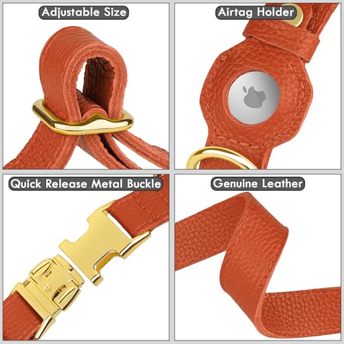 Leather Airtag Dog Collar - Soft Tracking Dog Collar with Apple AirTag Holder and Metal Buckle - Safety GPS Pet Collars for Small Medium Large Dogs Puppy Pink Red (Orange, S, 12"-15" Neck Fit) by BUDKAS - Image 7