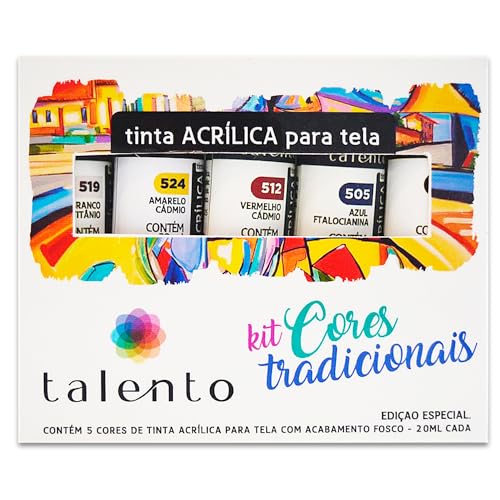 Tinta Acrílica Para Tela Talento, 5 Cores de 20ml, Tons Tradicionais, Acabamento Fosco