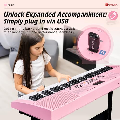Image of Vangoa Pink Electric Piano Keyboard 61 Keys Light Up for Girls with Stand