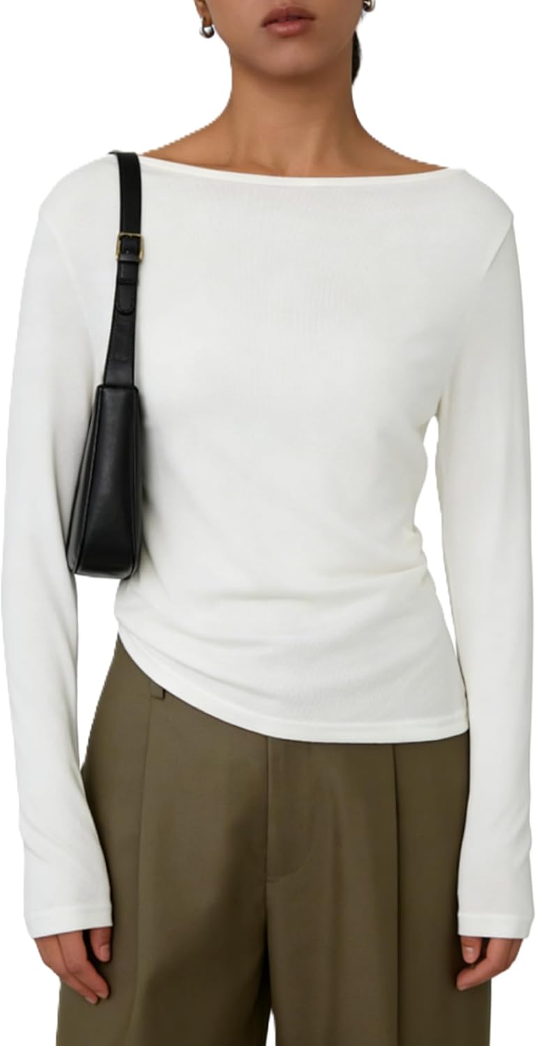 Women's Wool Boat Neck Sweater Long Sleeve Trendy Pleats Lightweight Off-Shoulder Tops