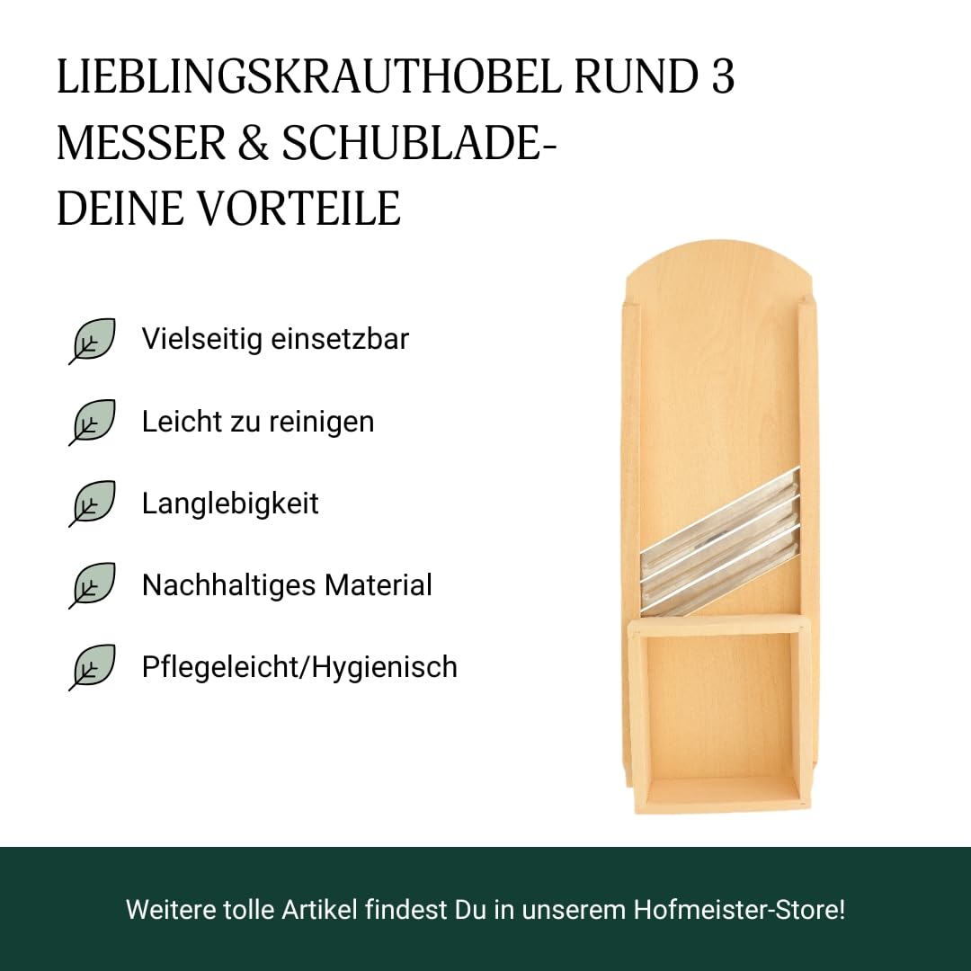 HOFMEISTER® Krauthobel Holz 65 cm, 3 Messer, Sicherheitsschublade – Sauerkrauthobel und Kohlhobel für Krautsalat, Weißkohl, Gemüse – handgefertigt in der EU (1 Stück)