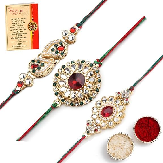 SKYTRENDS Mens Rakhi For Brother Gold Plated With Diamond Designer Rakhi Combo Pack Of 3 With Greeting Card And Roli Chawal Pk-09 (B0C65F4ZWD) Amazon Price History, Amazon Price Tracker