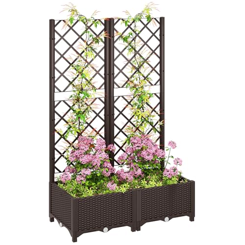 Outsunny Raised Garden Bed with Trellis, Plastic Planter Box with Drainage Holes, Drain Plugs and Water Reservoirs for Climbing Plants, Vegetables, Flowers, Brown
