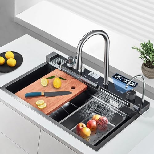 Image of DOLANTO Kitchen Sink 30 inchx18 inchx9 inch Inch Piano Sink Kitchen 304 Grade Stainless Steel Single Bowl Waterfall Sink Multipurpose Kitchen Sink with Integrated Waterfall and Pull Down Faucet