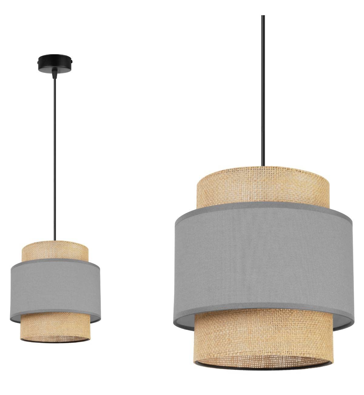 Light-Home Boho Lampara de Techo Colgante - Lampara de Techo Modernas para Salón Dormitorio y Cocina - de Metal con Pantalla de tela - E27-1 Luce - Gris y Yute