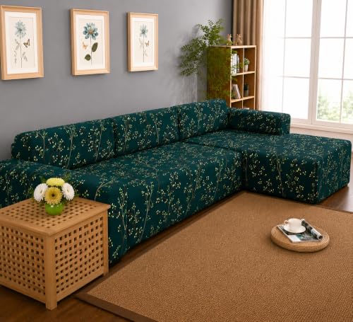 Image of Gifts Island Premium 160GSM Super Soft Green Stem Stretchable Sofa Cover L Shape 7 Seater Fully Covered | Suitable for Both Left and Right Side Chaise Sofa (Green Stem, 4+3 Seater)