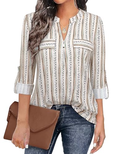 Image of Bulotus 3 /4 Length Sleeve Womens Striped Tops Zipper V Neck Collared Blouses Business Casual Tunics 2026 Spring Trendy