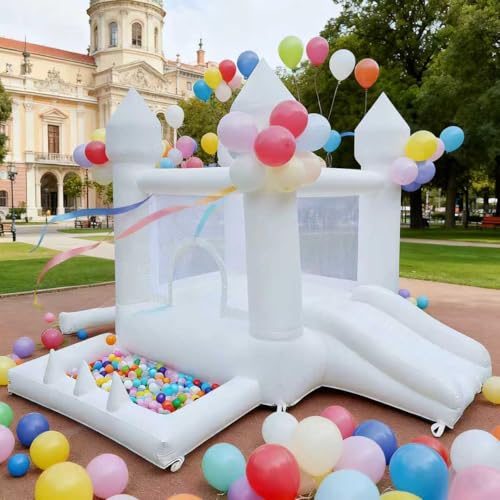 Image of Aevumgz White Bounce House, Indoor and Outdoor Bouncy Castle, Inflatable Bounce House with Ball Pit & Slide, Bounce House for Kids Ages 3-6, Great for Birthday Parties, Outdoor Play, Backyard Gifts