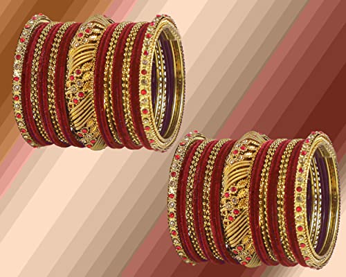 Image of NMII Metal with Zircon Gemstone and Beads Studded Ball Chain Linked Glossy Finished Velvet Bangles Chuda set for Women and Girls