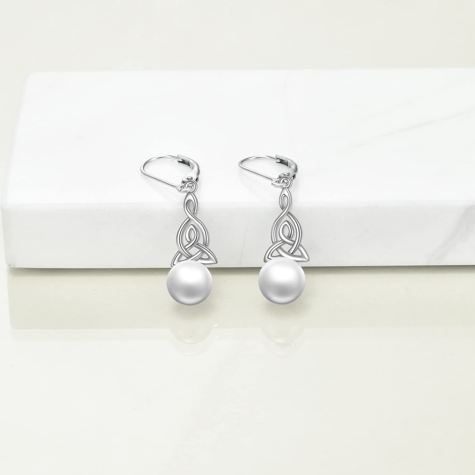 Perlen Ohrringe für Damen 925 Sterling Silber Irischer Keltischer Knoten Creolen Leverback Schmuck Geschenke für Mama Mutter Mädchen Freunde