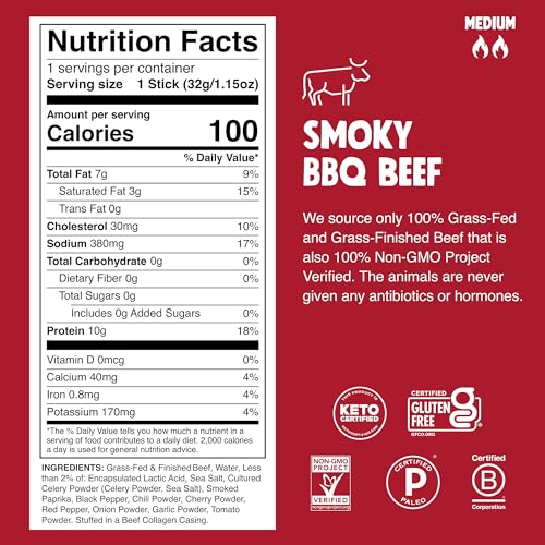Image of Chomps Grass-Fed and Finished Smoky BBQ Beef Jerky Snack Sticks 10-Pack - Keto, Paleo, Whole30, 10g Lean Meat Protein, Gluten-Free, Zero Sugar Food, Non-GMO