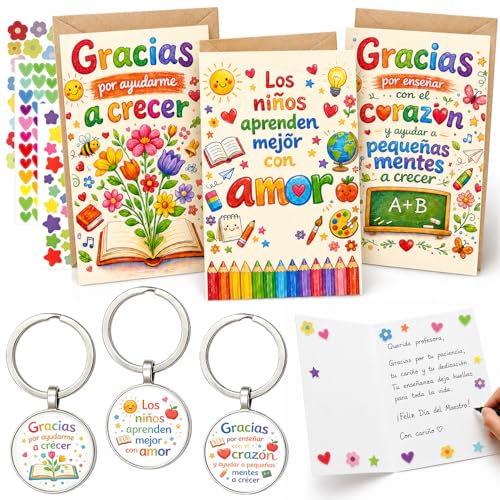 Kidlio Presente para professor, conjunto de 3 porta-chaves com 3 cartões de agradecimento, presente professor, presentes originais para professores, detalhes finais de curso, creche e primária (cores