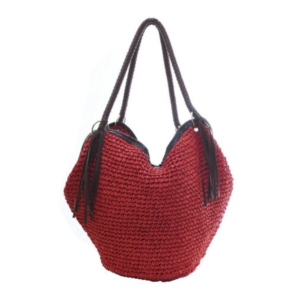 Bolso de Paja Bolso Tejido Grande, Bolsos De Playa, Mano para Mujer, Informales Verano para, Hombro con Borla Y Cremallera Mujer(Rot)