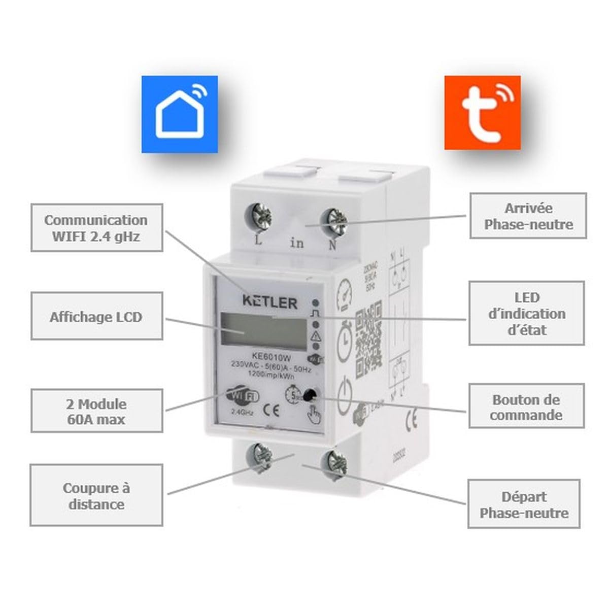 KETLER KE6010W : Compteur contact élec - Mono 60A - WIFI - SMARTLIFE/TUYA