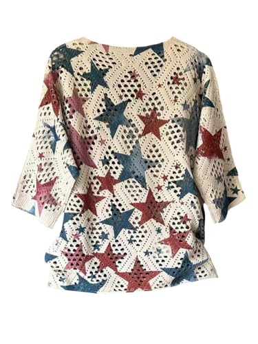 SOLY HUX Women's Star Print Hollow Out Sweater V Neck 3/4 Sleeve Crochet Knit Summer Pullover Tops2