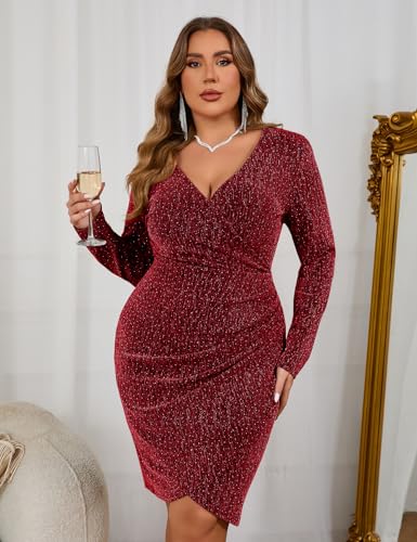 Image of ZOMVA Plus Size 0X-4X Sparkly Glitter Ruched Bodycon Mini Dress Sparkle Sequin Wrap Ruffle Sleeve Dress Cocktail Party Formal