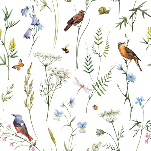 Muralo Vlies Tapete 10m Tapeten Rollen VÖGEL Blumen Blätter Insekten Natur Dekor XXL Vliestapete 1000 x 53cm Wand Tapete Esszimmer Wohnzimmer Schlafzimmer Moderne Muster Wand Dekoration
