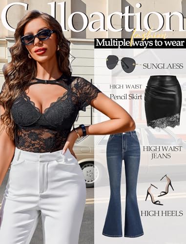 Avidlove Women's Lace Mesh Short Sleeve Top Floral Sheer See Through Blouse Sexy Tops4