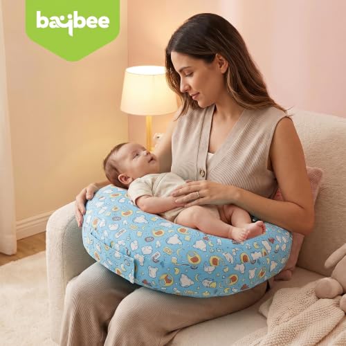 Image of BAYBEE Feeding Pillow for New Born Baby with Foldable Breastfeeding Cover | Feeding Cover for Nursing Mom with Adjustable Velcro & Back Support | Nursing Pillow with Removable & Washable (Blue)