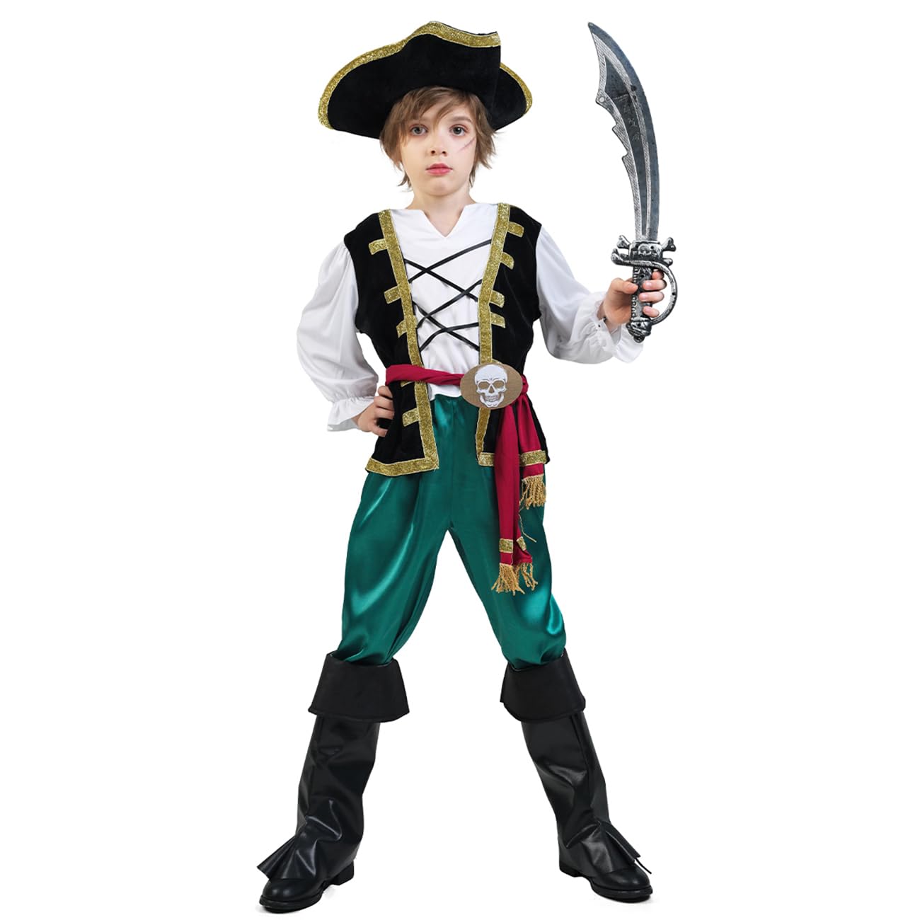 SEA HARE Children's Green Cool Skull Pirate Role Playing Costume (M：7-9 years)