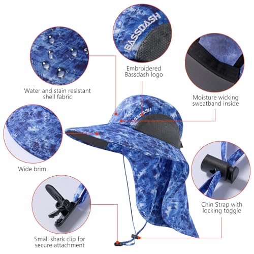 Image of BASSDASH UPF 50+ Unisex Water Resistant Wide Brim Sun Hat with Large Neck Flap Ponytail Fishing Hat for Men Women