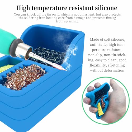 Image of Solder Tip Cleaner Soldering Iron Cleaner, Solder Sponge and Brass Wool and Dense Cleaning Steel Brush in Silicone Holder