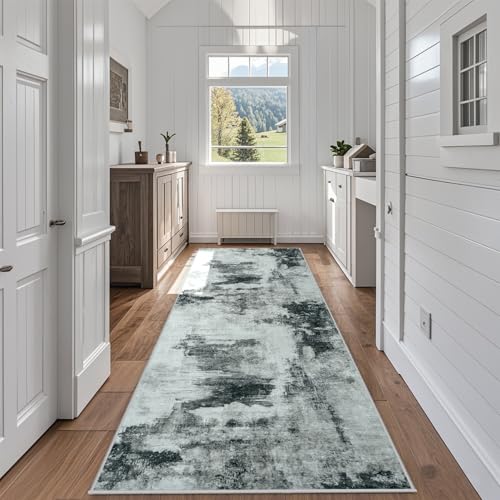Runner Rug for Hallways Kitchen 2'6"x8' Washable Non Slip: Carpet Non Skid 8ft Entryway Rubber Backed 8 Feet Neutral Abstract Modern Rug Low Pile Pet Friendly Indoor Black White