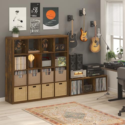 Image of Furinno Cubicle Record Player Stand, 3-Cube Record Storage, Amber Pine | Vinyl Storage, 1.2 inchInch Extra Thick, Open Back Media Shelf for CD DVD Bluray Game Disc, for Living Room, Home Office