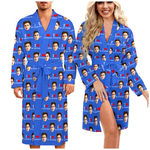 LucBuy Batas Personalizadas con Fotos de Rostros, Camisón Personalizado, Pijama Divertido, Albornoz Ligero de Manga Larga, Ropa de Estar por Casa Personalizada para Mujeres y Hombres (A14)