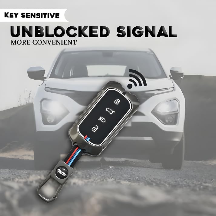 Image of Car Key Cover Compatible With Tata Sierra, 4-Button Remote Case Shell, Zinc Alloy Protective Armor in Metal Black with Silicon Keychain