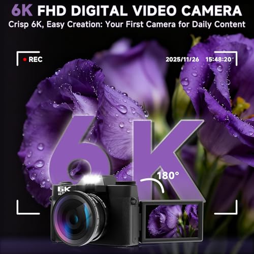 Image of 6K Digital Camera for Photography Autofocus, 2026 Upgraded 64MP WiFi Vlogging Camera for YouTube with 3 inch 180 Flip Screen 16X Zoom, 64GB SD Card & 2 Batteries Compact Travel Camera for Beginners Teens