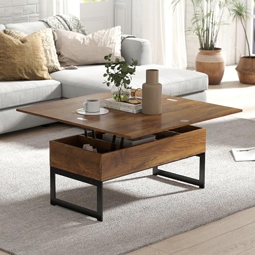MWOOD Lift Top Coffee Table with Storage, Farmhouse Square Coffee Tables for Living Room, Extendable Board Game Center Table Dining Table RV Table with Hidden Compartment and Solid Metal Legs (Brown)