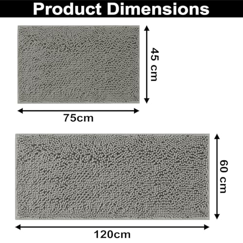 Image of LUXEHOME International Bath Mats for Bathroom Anti Slip Microfiber Chenille Super Absorbent Quick Dry Water Soak Floor Mat for Home Kitchen Door (45x75cm 60x120cm Grey) Pack of 2