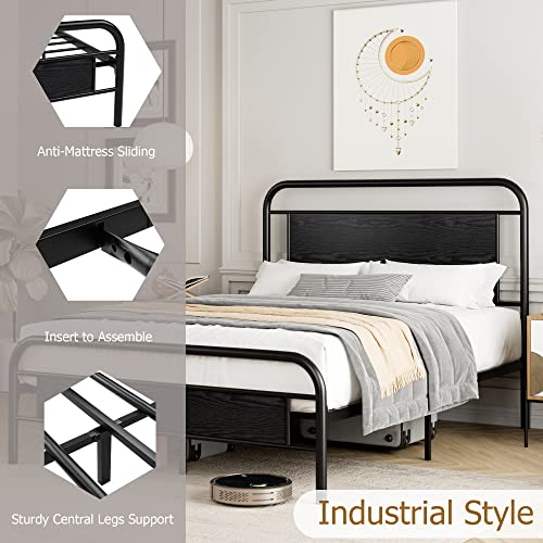 Homhougo Queen Size Bed Frame With Wooden Headboard, High Duty Metal Platform Bed With Under-Bed Storage, Steel Slats Mattress Foundation Round Pipe Design, No Box Spring Needed, Noise-Free, Black #TOP4