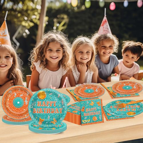 Image of 96PCS Popular Singer Birthday Party Paper Plates and Napkins Music Lover Party Decoration Pop Singer Theme Party Supplies Orange Green Glitter Tableware Set Serves 24 Guests Girls Baby Shower Favor