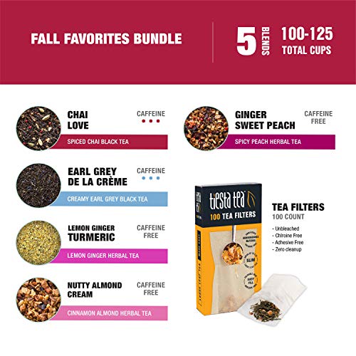 Image of Tiesta Tea Fall Favorites Variety Pack - 5 Loose Leaf Fall Blends Set, High to Non-Caffeinated, Assorted Brew Samples with Ginger, Black, and Herbal Teas, Hot or Iced, with 100 Disposable Filters