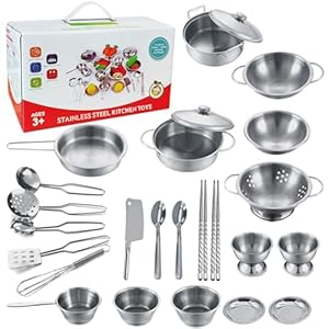 Tiny Classic Stainless Steel Kitchen Toys Cooking Utensils Set-Pretend Play Pots Pans Toy Cookware Kits for Kids Cooking Utensil Set Interactive Learning Role Play Educational Toys for Kids Mini Size