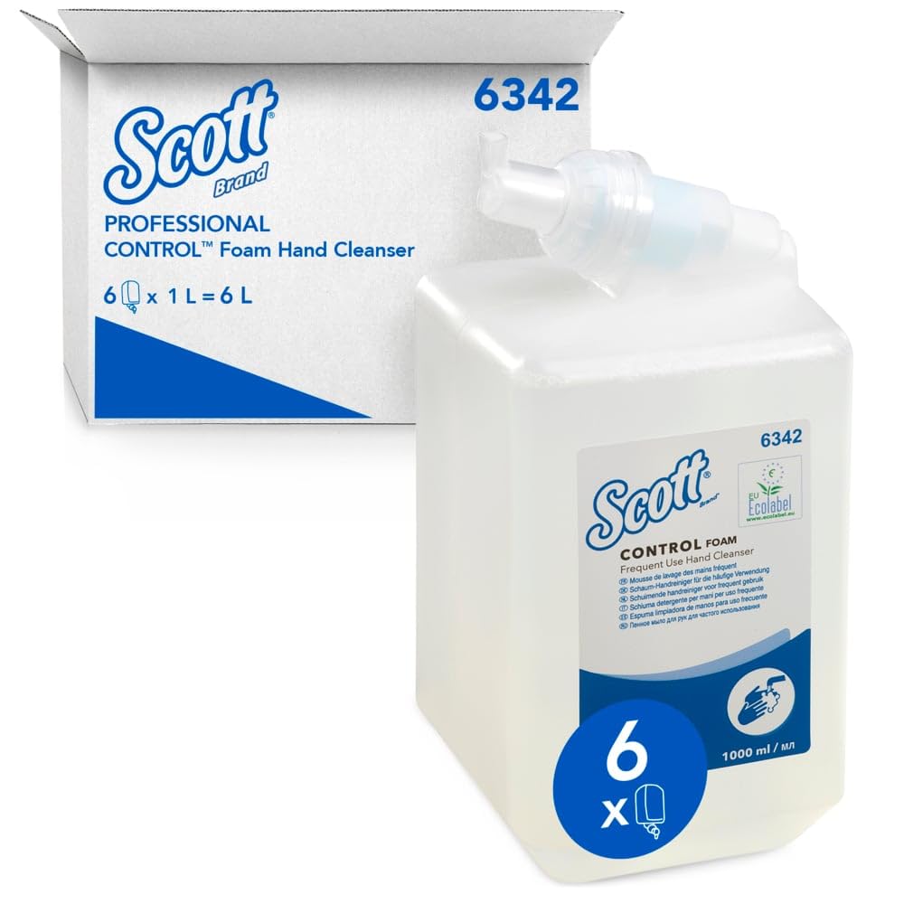 Scott Control savon mousse pour les mains pour un usage fréquent 6342 - Savon mousse non parfumé pour les mains - 6 recharges x 1 litre de Savon mousse transparent pour les mains (6 litres au total)