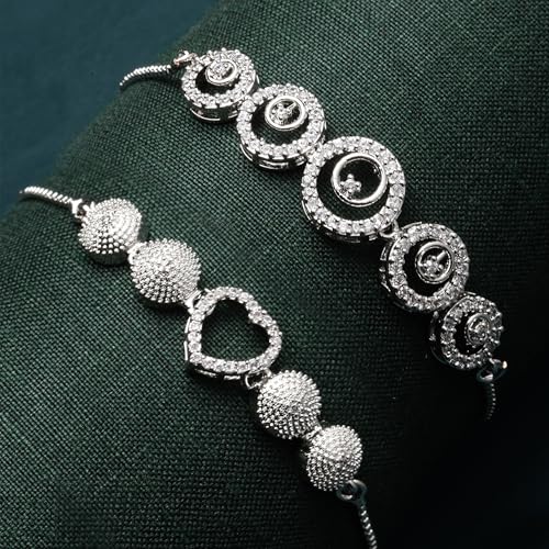 Image of ZENEME Set of 2 Rhodium-Plated Silver Toned American Diamond Bracelet Combo for Women & Girls Adjustable Designer CZ Tennis Bracelets