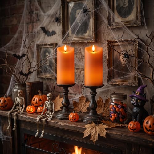 Image of Fall Decorations, Flameless Orange Pillar Candles with Remote