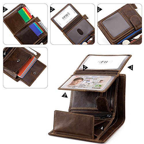 Trifold Billfold RFID Blocking Cowhide Leather Wallet for Men 10 Card Slots 2 ID Windows with Coin Pocket3