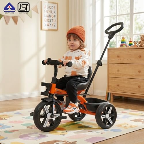 Image of Luusa Elite 500 Kids Tricycle with Parent Push Handle & Safety Seat Belt - Premium 3 Wheel Toddler Cycle with Storage Basket & Comfortable Backrest for 1-4 Years Boys & Girls (Orange)
