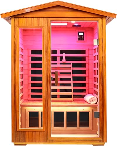 Image of Ultra-Low EMF Full Spectrum Outdoor Sauna 2-Person, Mahogany Far Infrared Saunas for Home, Near&Mid-IR Light, EMF 0.1-1.5mG, Bluetooth & Chromotherapy